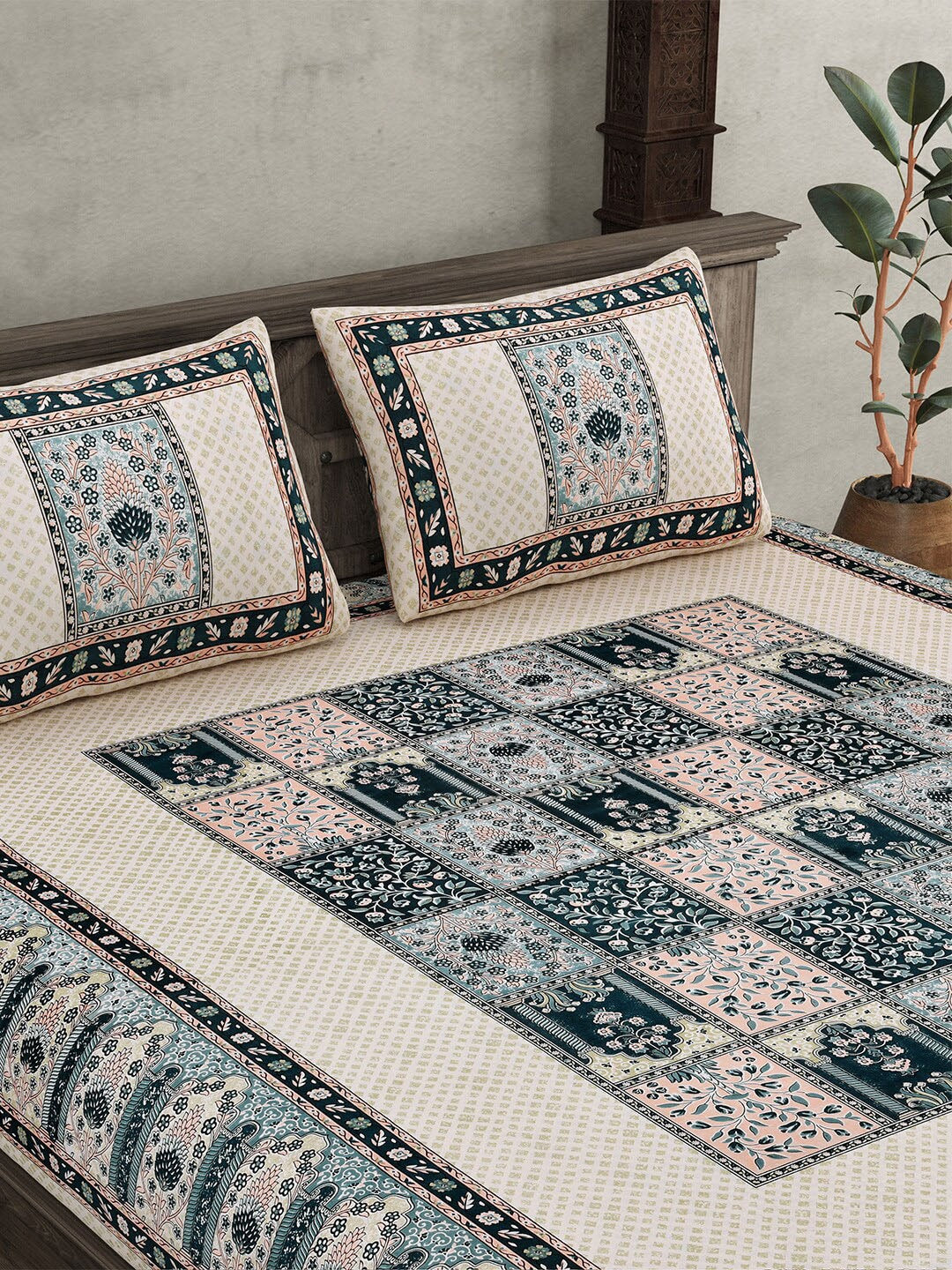 JAIPUR FABRIC Beige & Green Ethnic Motifs Cotton 210 TC Queen Bedsheet & 2 Pillow Covers | Grocsy