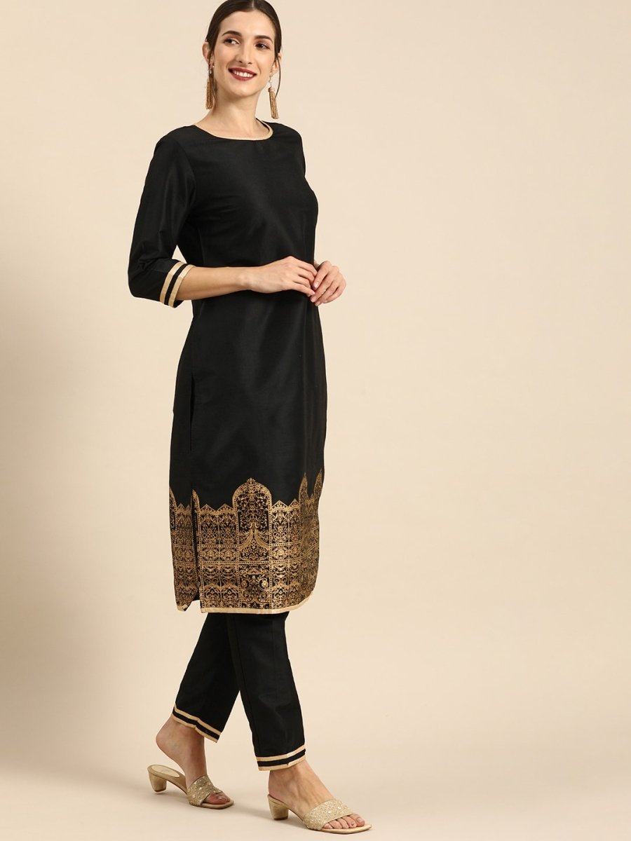 All About You Women Black & Gold Printed Regular Kurta with Trousers | Grocsy