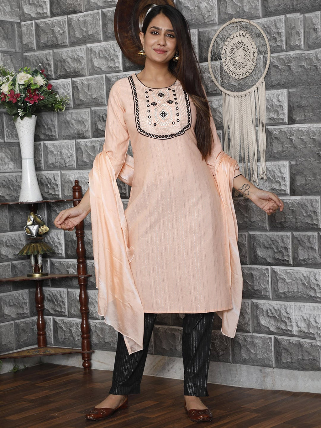 HERE&NOW Women Orange Floral Yoke Design Mirror Work Kurta with Trousers & Dupatta | Grocsy