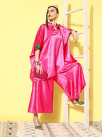 InWeave Women's Pink Green Brocade Satin Boho Kurta Palazzo Set | Grocsy