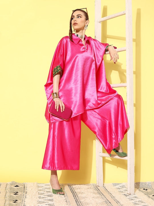 InWeave Women's Pink Green Brocade Satin Boho Kurta Palazzo Set | Grocsy