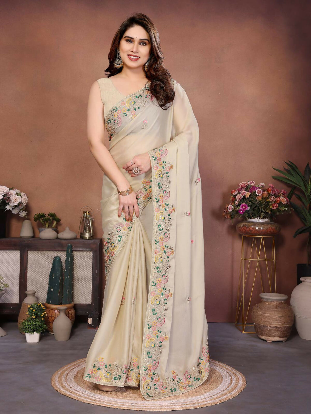 Teeya Creation New Trendy Party Wear Soft Silk Saree-Cream | Grocsy