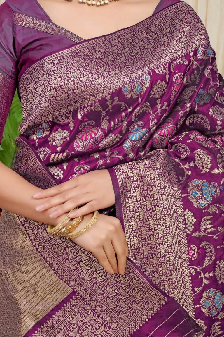 Jyoti Fashion Women's Wine Kanjivaram Silk Zari Woven Saree with Blouse | Grocsy