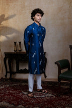 Falling Raw Silk Navy Blue Neel Mayura Kurta Set By Hilo Design | Grocsy