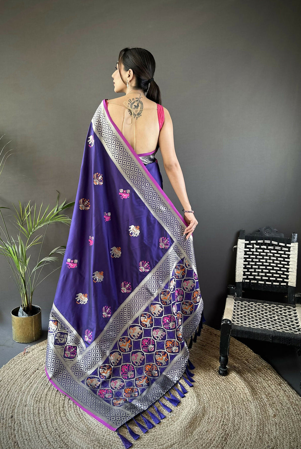 Joban Fashion Royal Blue Elephant & Floral Motifs Soft Lichi Silk Banarasi Saree | Grocsy