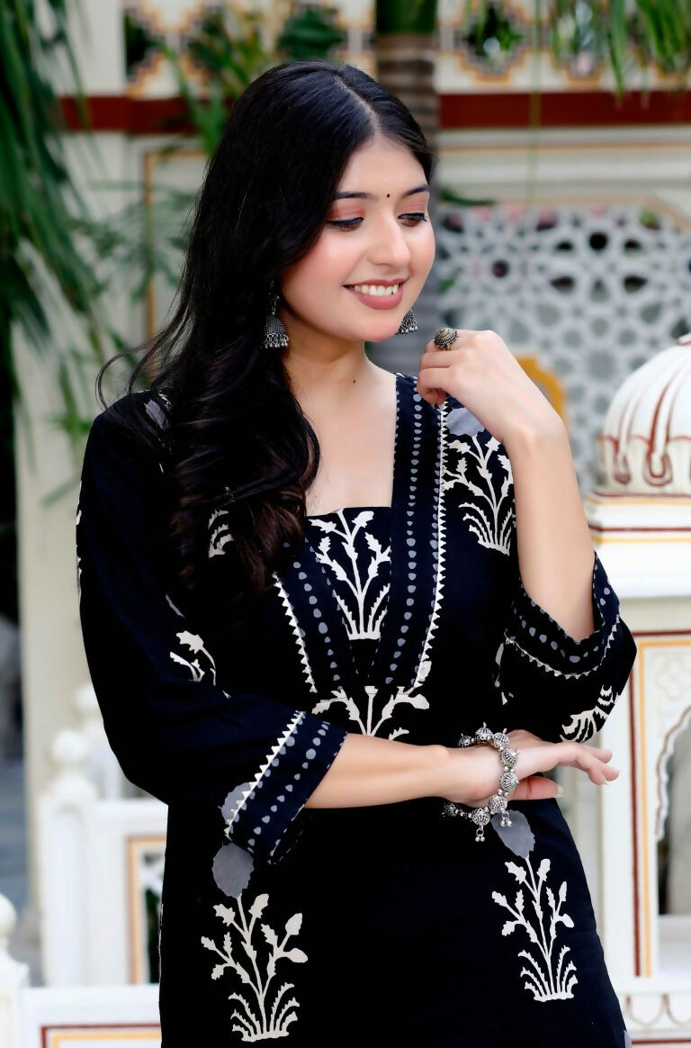 Miravan Women's Cotton Gota Patti Black Floral Printed Straight Kurta Palazzo Set | Grocsy