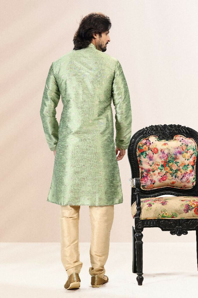 Raivat Ethnic Jacquard Banarasi Silk Pintux Work Kurta Pajama In Green Colour | Grocsy