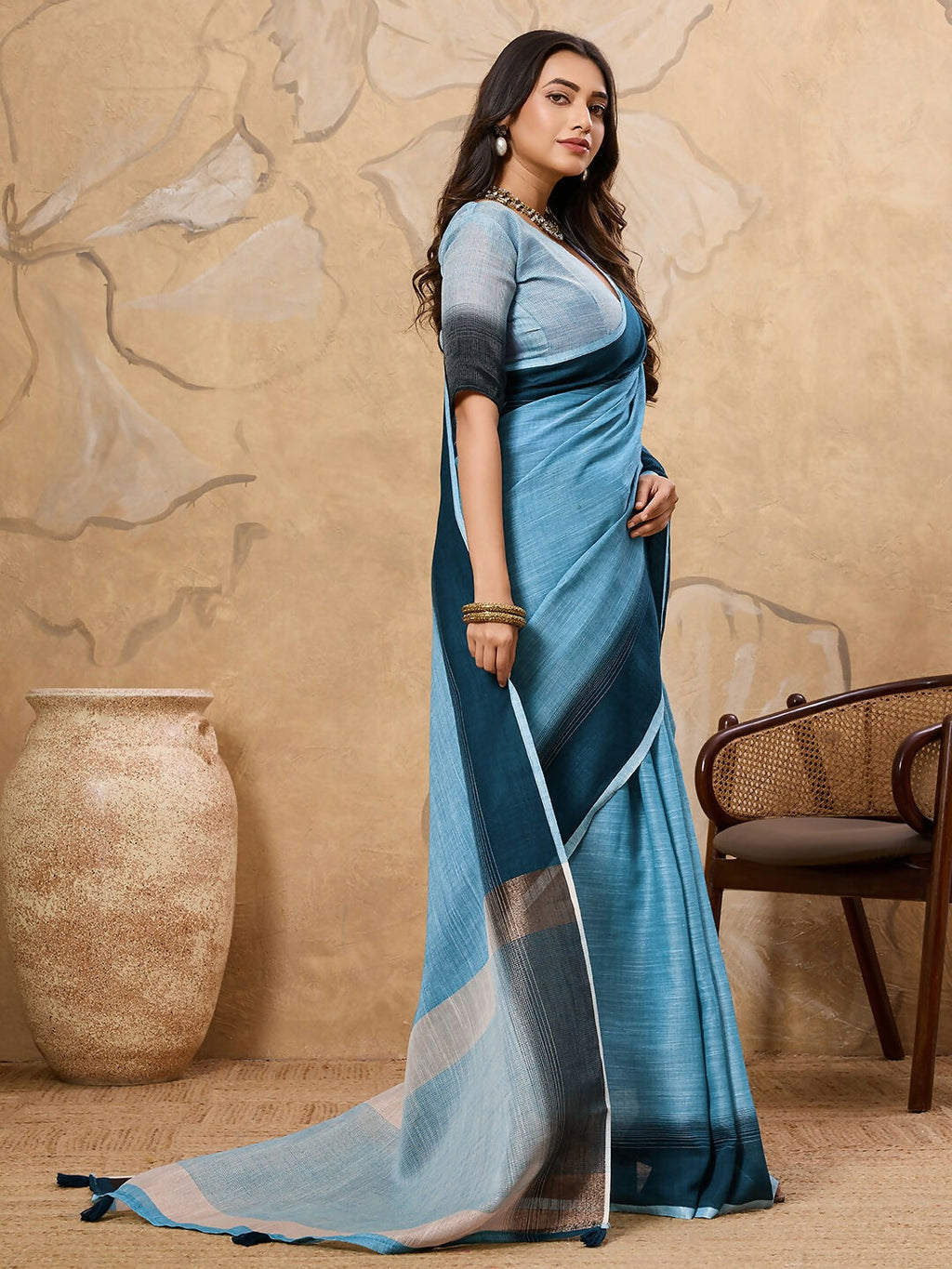 Shree Shyam Fashion Sky Blue Linen Saree | Grocsy