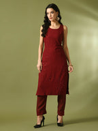 Myshka Women's Maroon Embroidered Cotton Straight Party Kurta Set | Grocsy