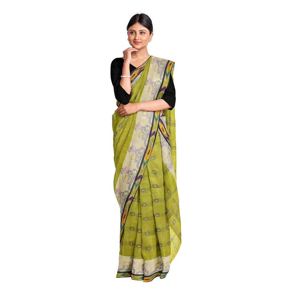 Exclusive Collection 100% Pure Cotton Olive Tant Saree With Hand Weaving Work | Grocsy