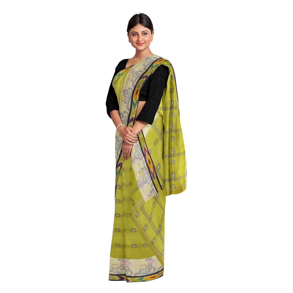 Exclusive Collection 100% Pure Cotton Olive Tant Saree With Hand Weaving Work | Grocsy