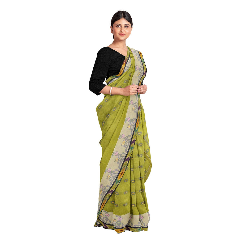 Exclusive Collection 100% Pure Cotton Olive Tant Saree With Hand Weaving Work | Grocsy