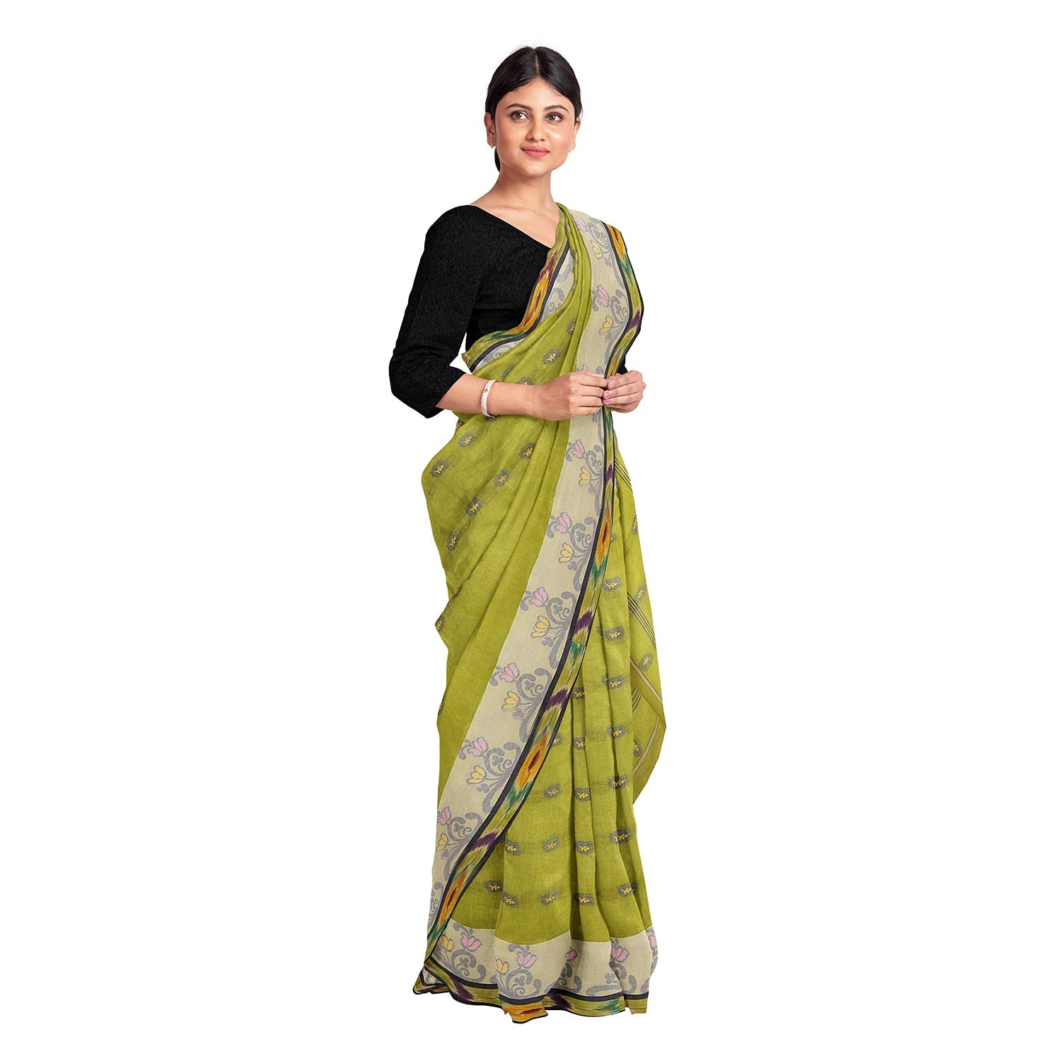 Exclusive Collection 100% Pure Cotton Olive Tant Saree With Hand Weaving Work | Grocsy