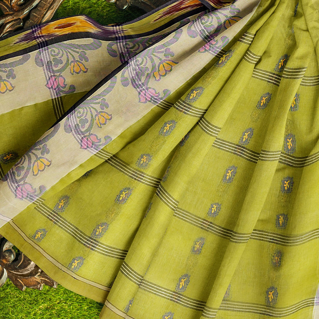 Exclusive Collection 100% Pure Cotton Olive Tant Saree With Hand Weaving Work | Grocsy