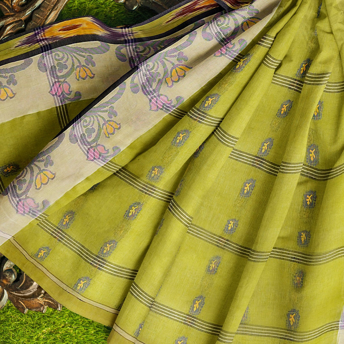 Exclusive Collection 100% Pure Cotton Olive Tant Saree With Hand Weaving Work | Grocsy