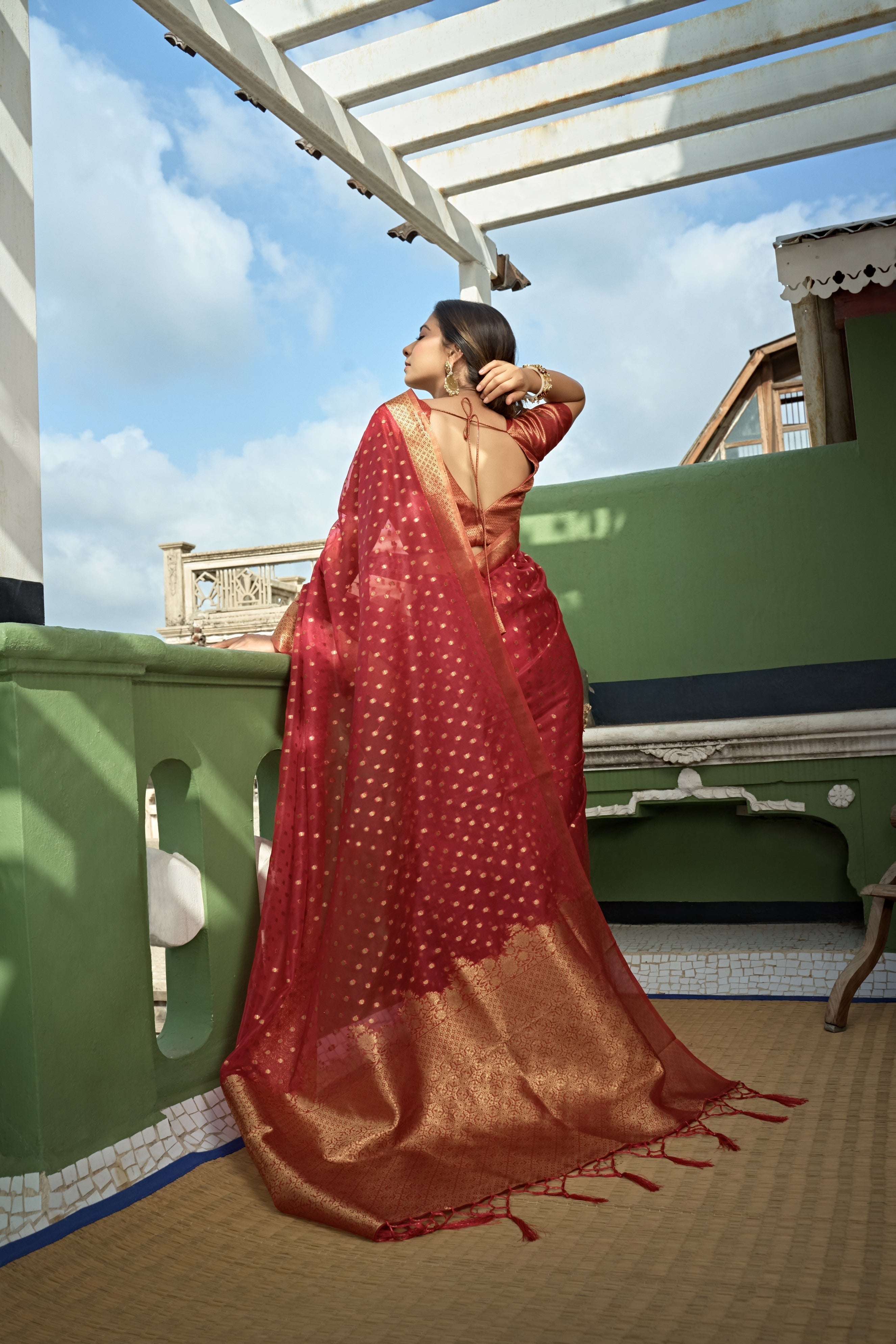 Vardha Apple Red Banarasi - Organza Saree | Grocsy