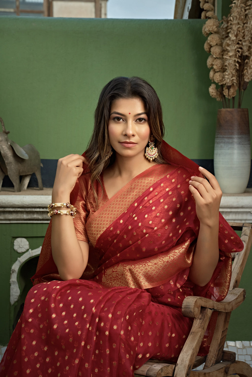 Vardha Apple Red Banarasi - Organza Saree | Grocsy