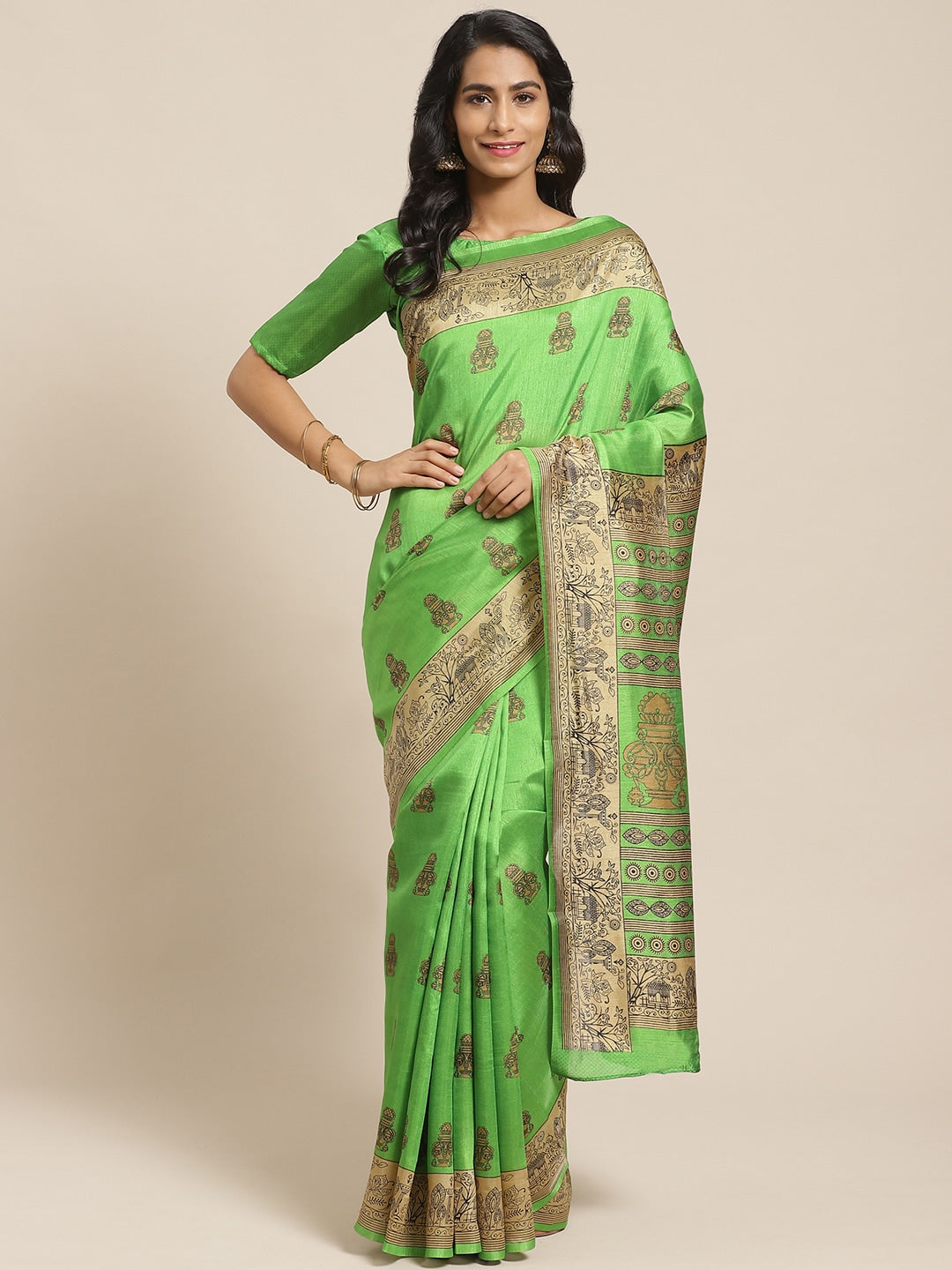 Saree Mall Green & Beige Printed Saree | Grocsy