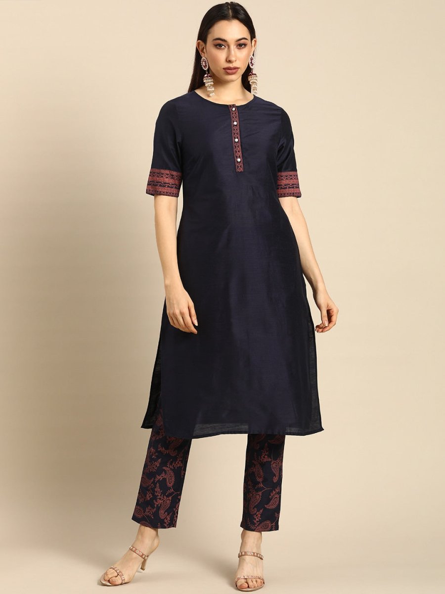 All About You Women Navy Blue Ethnic Motifs Printed Regular Kurta with Printed Trousers | Grocsy