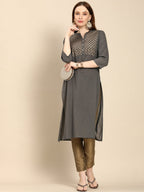 All About You Women Grey Ethnic Motifs Yoke Design Pure Cotton Kurta | Grocsy