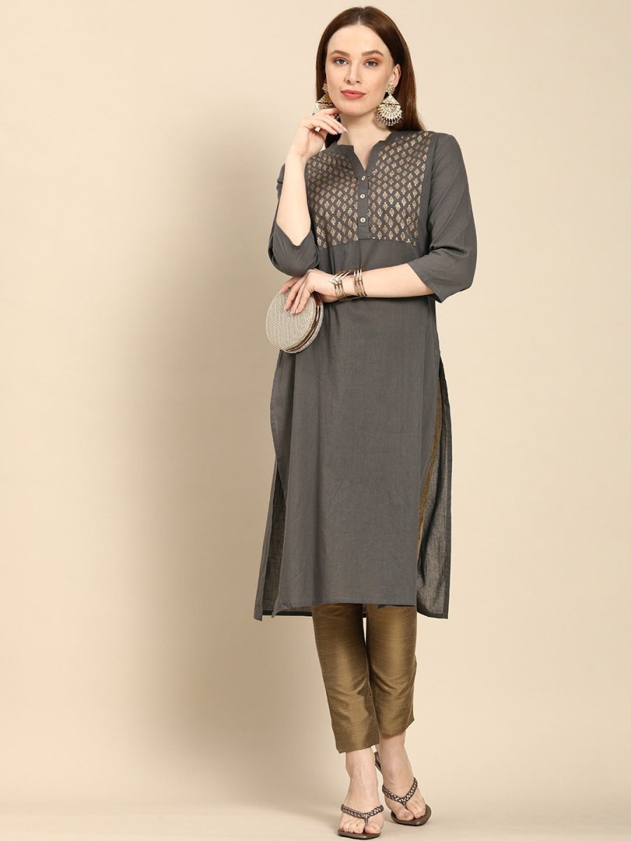 All About You Women Grey Ethnic Motifs Yoke Design Pure Cotton Kurta | Grocsy