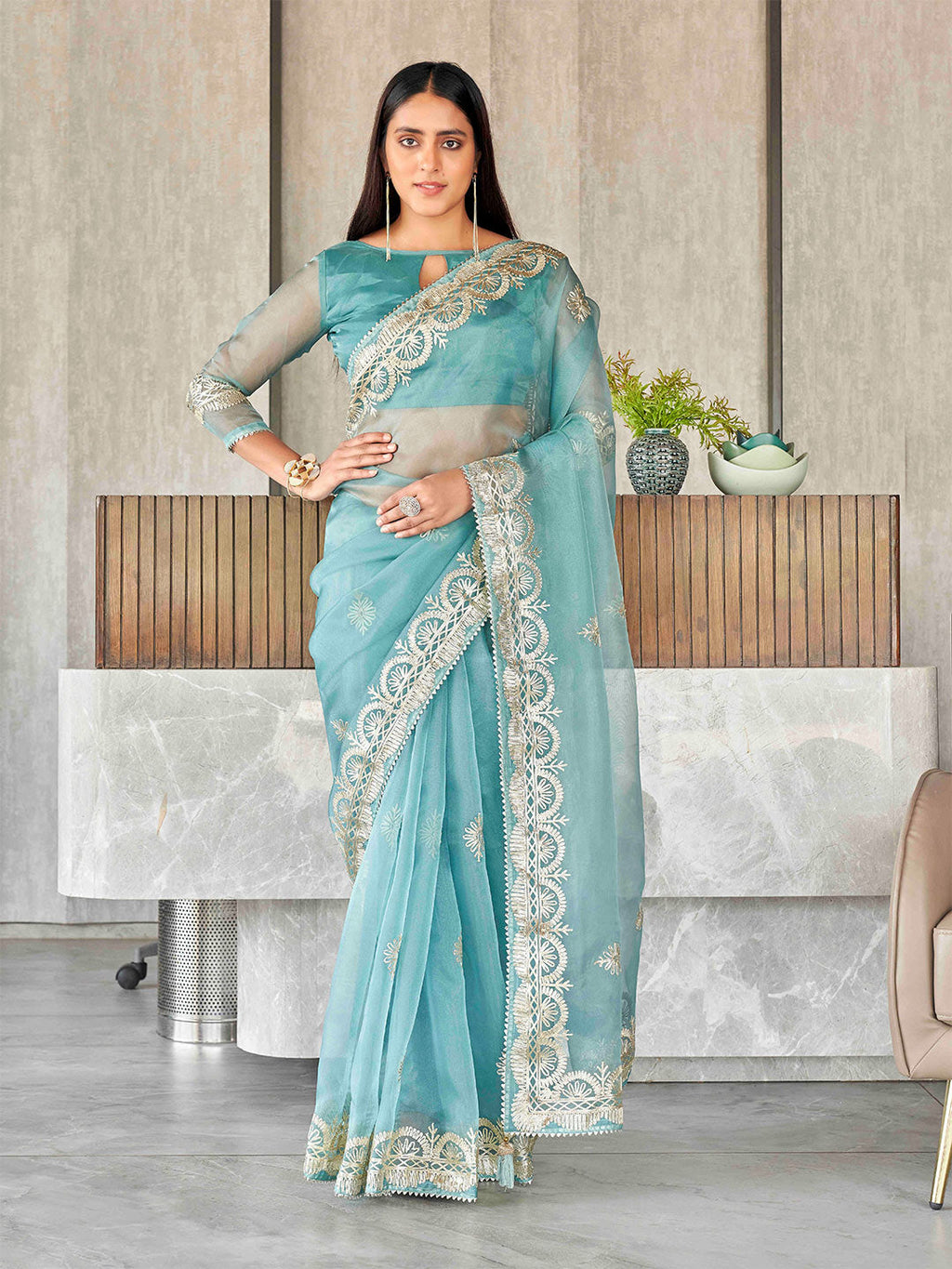 Tikhi Imli Floral Gotta Patti Organza Heavy Work Saree | Grocsy