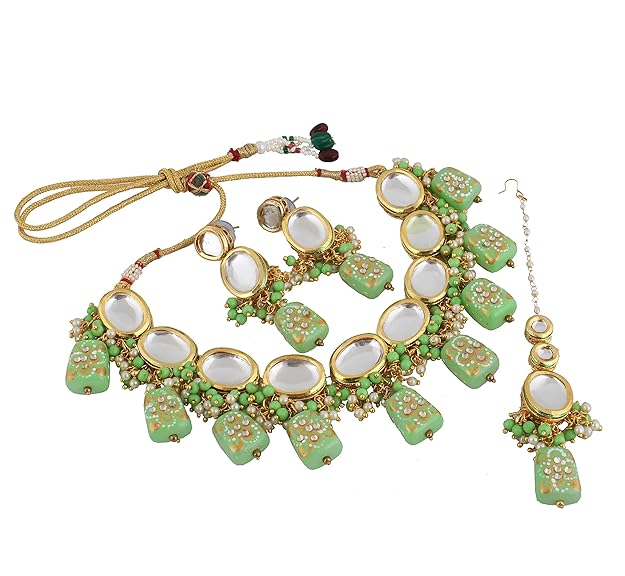 Tehzeeb Creations Back Meenakari Gold-Polished Tika Earring Jewellery Set Uncut Kundan Big Faux Kundan Dibbi Kundan Choker Necklace Set | Grocsy