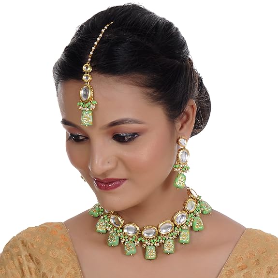 Tehzeeb Creations Back Meenakari Gold-Polished Tika Earring Jewellery Set Uncut Kundan Big Faux Kundan Dibbi Kundan Choker Necklace Set | Grocsy