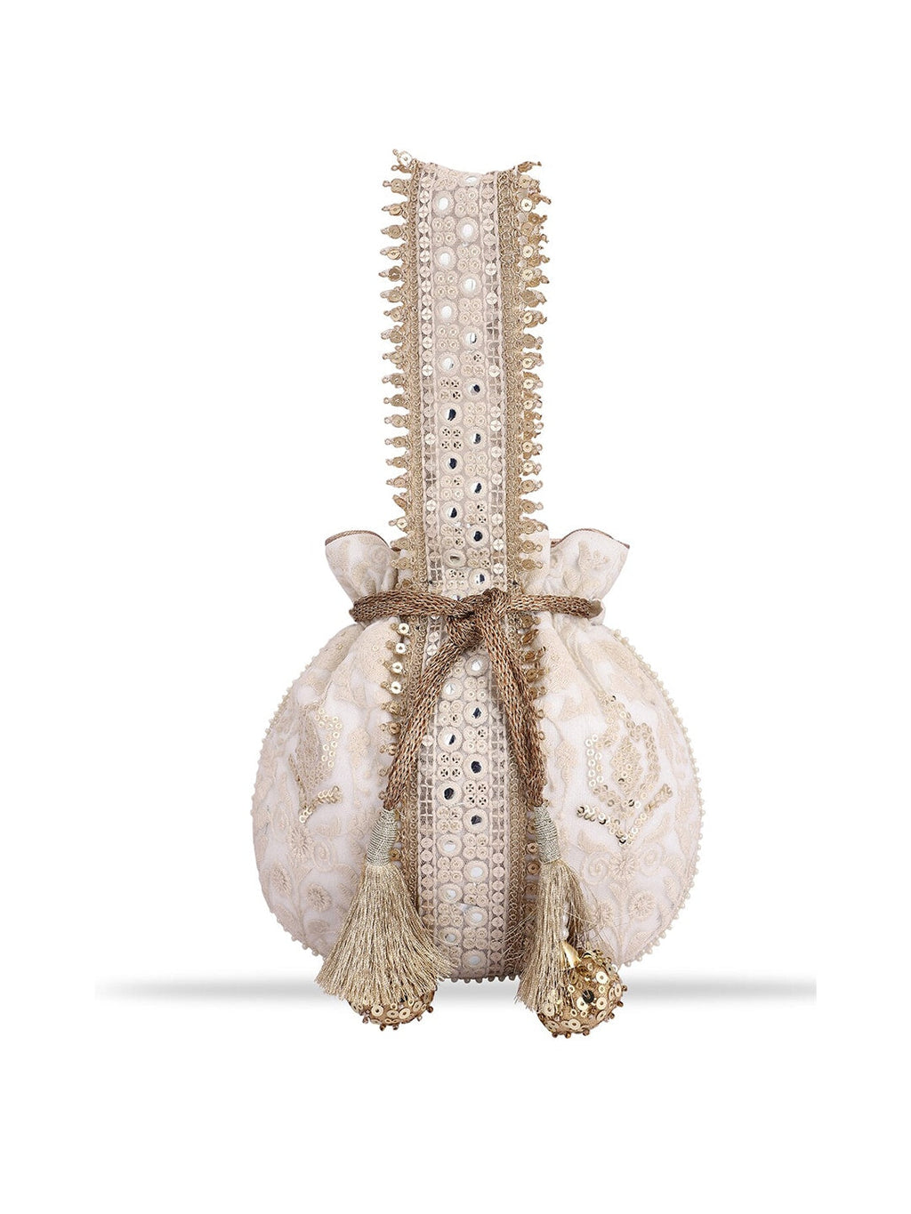 Masq Off White & Gold-Toned Embellished Embroidered Potli Clutch | Grocsy