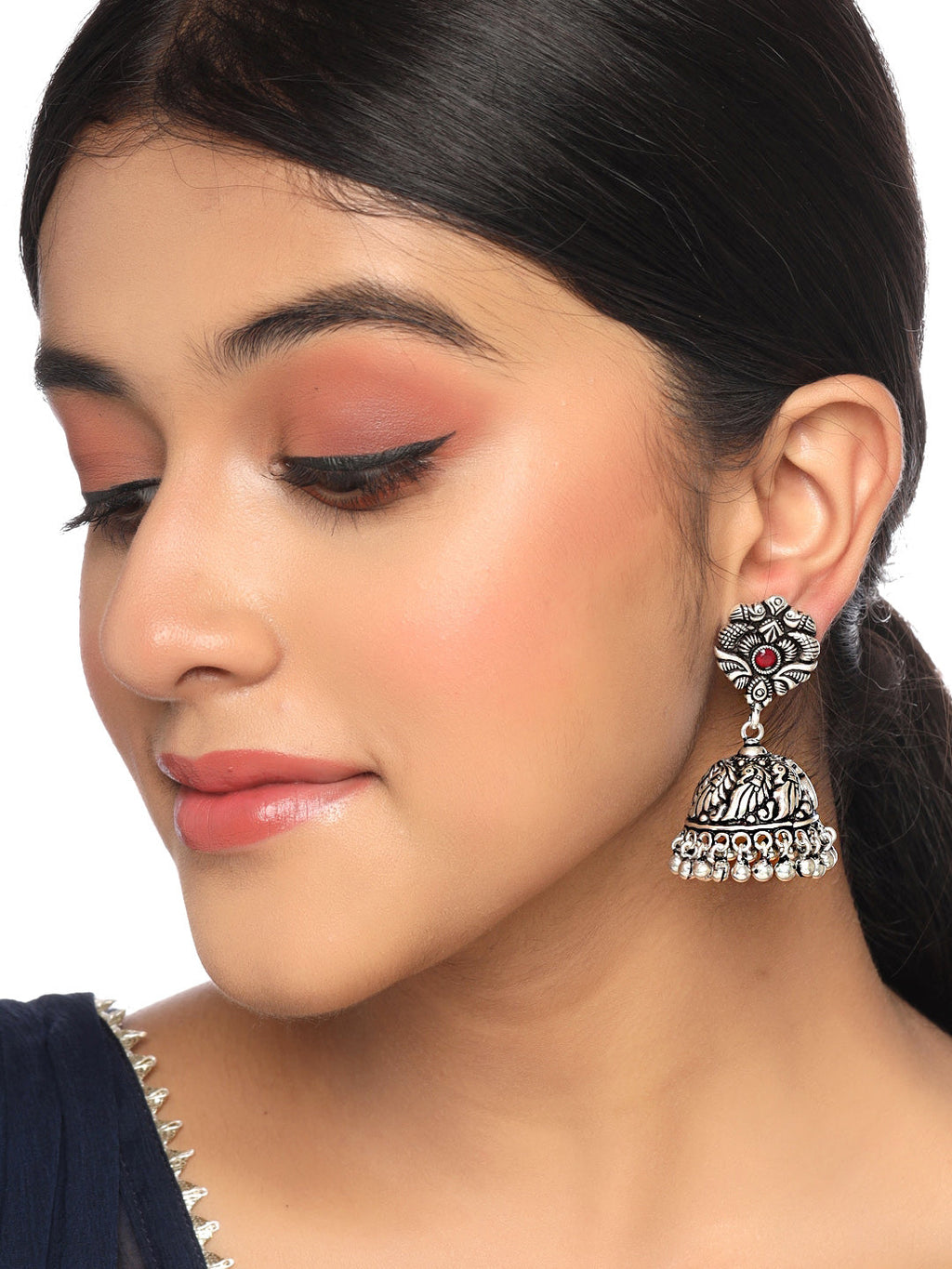 Yellow Chimes Silver-Plated Kolhapuri Peacock Design Jhumkas Earrings | Grocsy