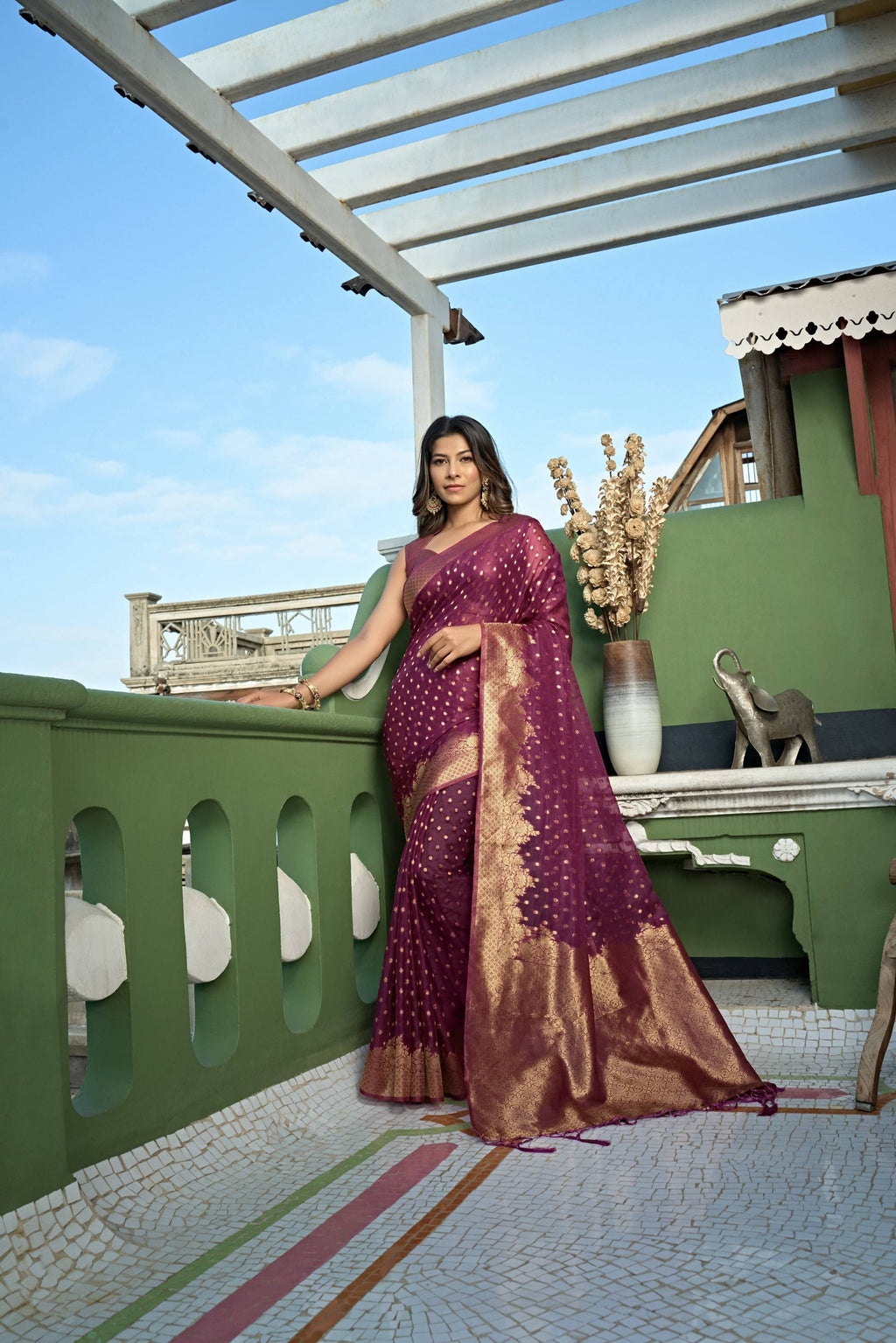 Vardha Wine Golden Zari Banarasi Organza Saree | Grocsy