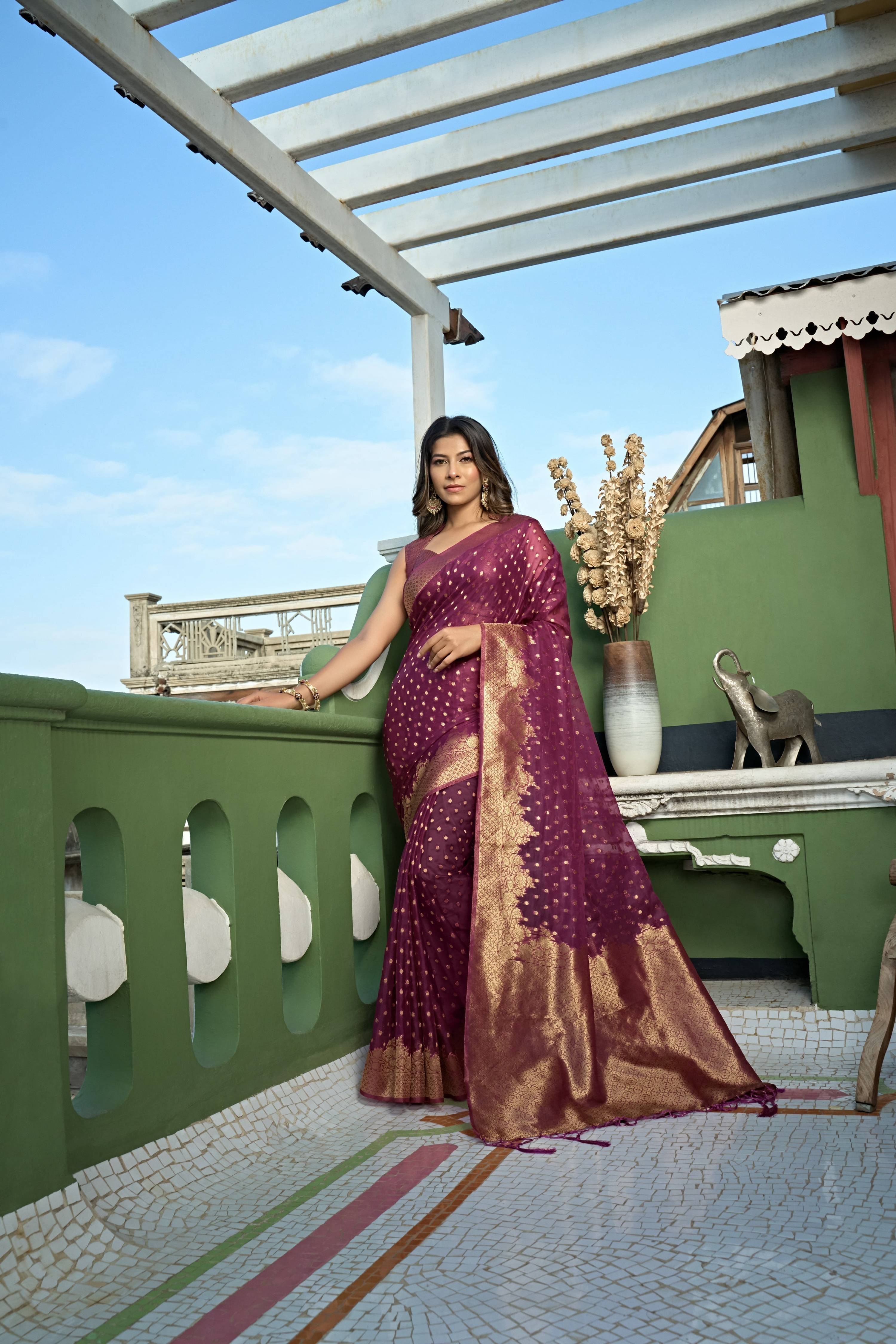 Vardha Wine Golden Zari Banarasi Organza Saree | Grocsy