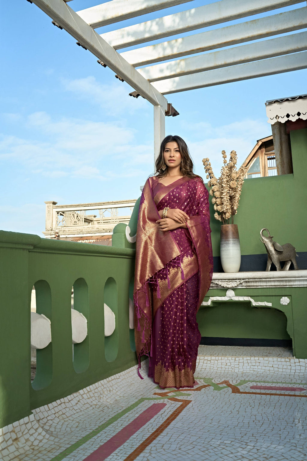 Vardha Wine Golden Zari Banarasi Organza Saree | Grocsy