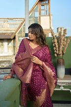 Vardha Wine Golden Zari Banarasi Organza Saree | Grocsy