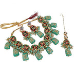 Tehzeeb Creations Back Meenakari Gold-Polished Tika Earring Jewellery Set Uncut Kundan Big Faux Kundan Dibbi Kundan Choker Necklace Set | Grocsy