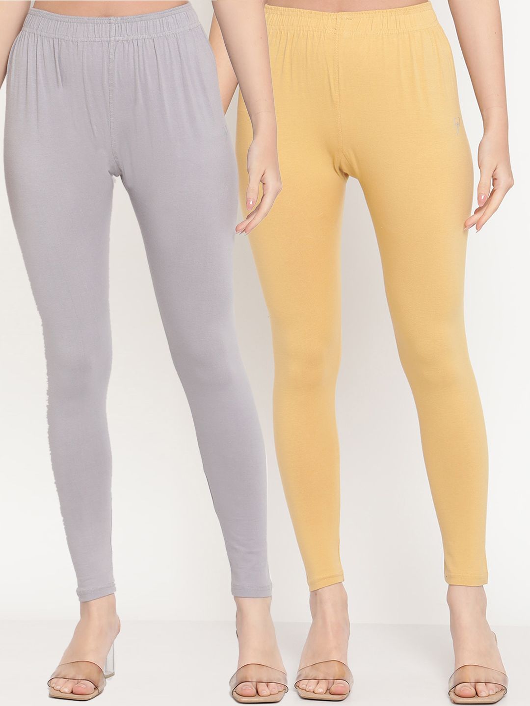 TAG 7 Women Pack Of 2 Beige & Grey Solid Ankle-Length Leggings | Grocsy