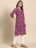Sangria Ethnic Motifs Printed V-neck Puff Sleeves Kurta | Grocsy