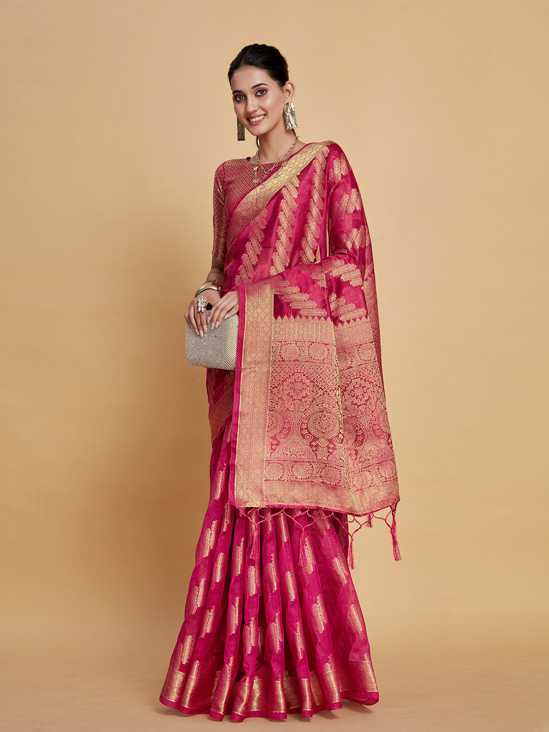 Sangria Ethnic Motifs Woven Design Organza Saree | Grocsy