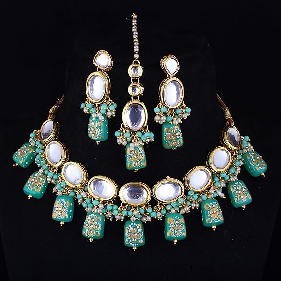 Tehzeeb Creations Back Meenakari Gold-Polished Tika Earring Jewellery Set Uncut Kundan Big Faux Kundan Dibbi Kundan Choker Necklace Set | Grocsy