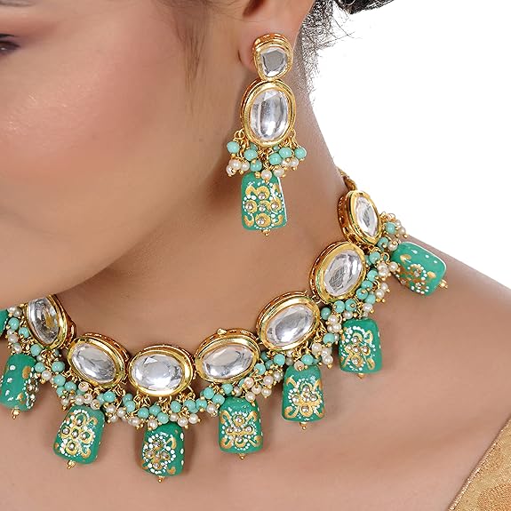 Tehzeeb Creations Back Meenakari Gold-Polished Tika Earring Jewellery Set Uncut Kundan Big Faux Kundan Dibbi Kundan Choker Necklace Set | Grocsy
