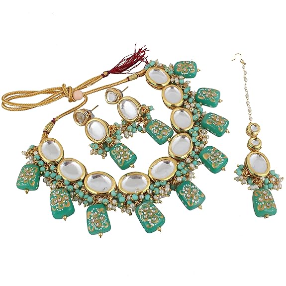 Tehzeeb Creations Back Meenakari Gold-Polished Tika Earring Jewellery Set Uncut Kundan Big Faux Kundan Dibbi Kundan Choker Necklace Set | Grocsy
