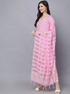 HERE&NOW Women Pink Floral Printed Kurta with Trousers & With Dupatta | Grocsy