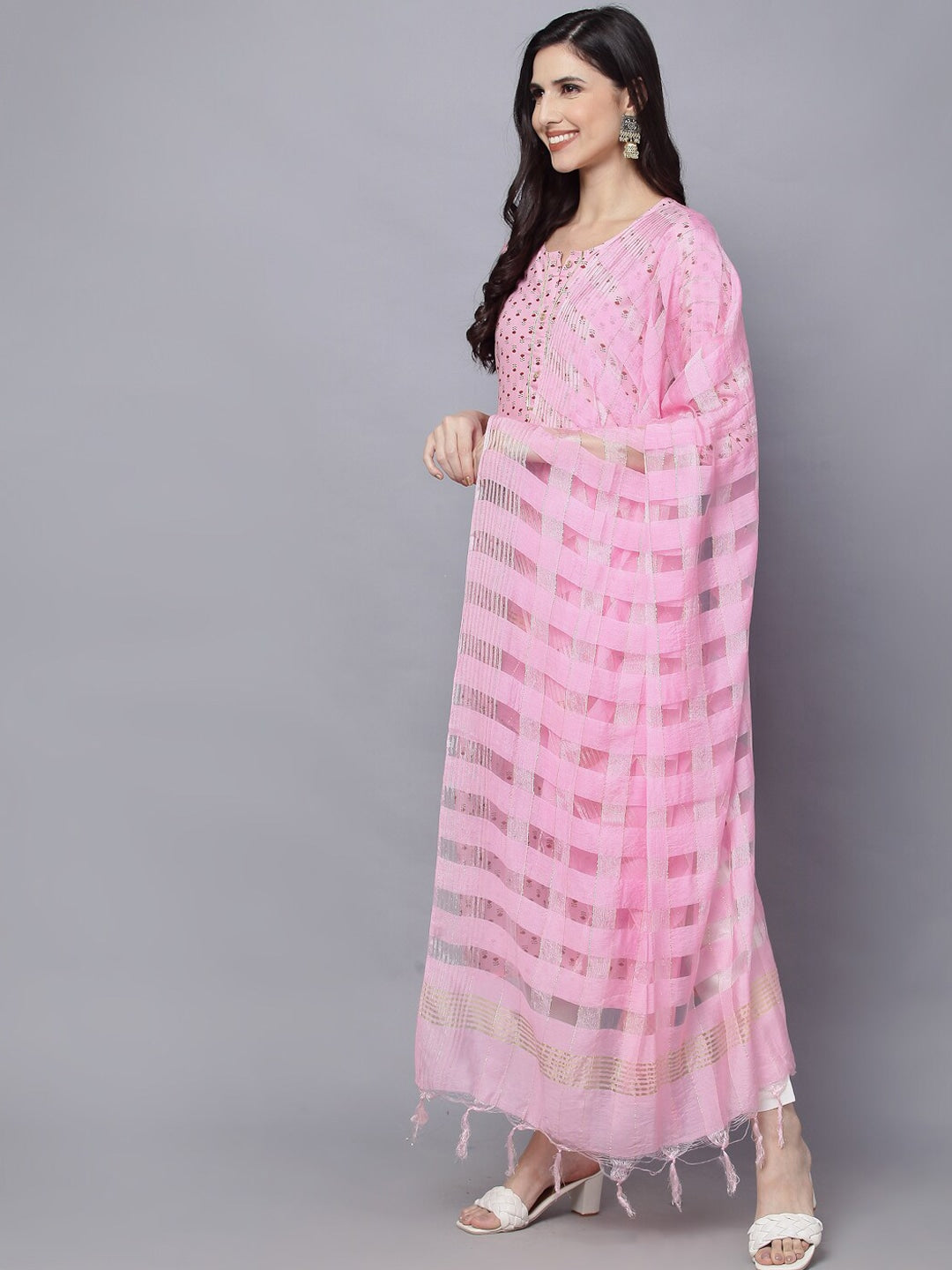 HERE&NOW Women Pink Floral Printed Kurta with Trousers & With Dupatta | Grocsy