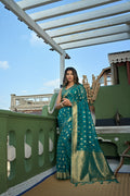 Vardha Teal Blue Golden Zari Banarasi Organza Saree | Grocsy