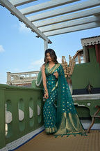 Vardha Teal Blue Golden Zari Banarasi Organza Saree | Grocsy