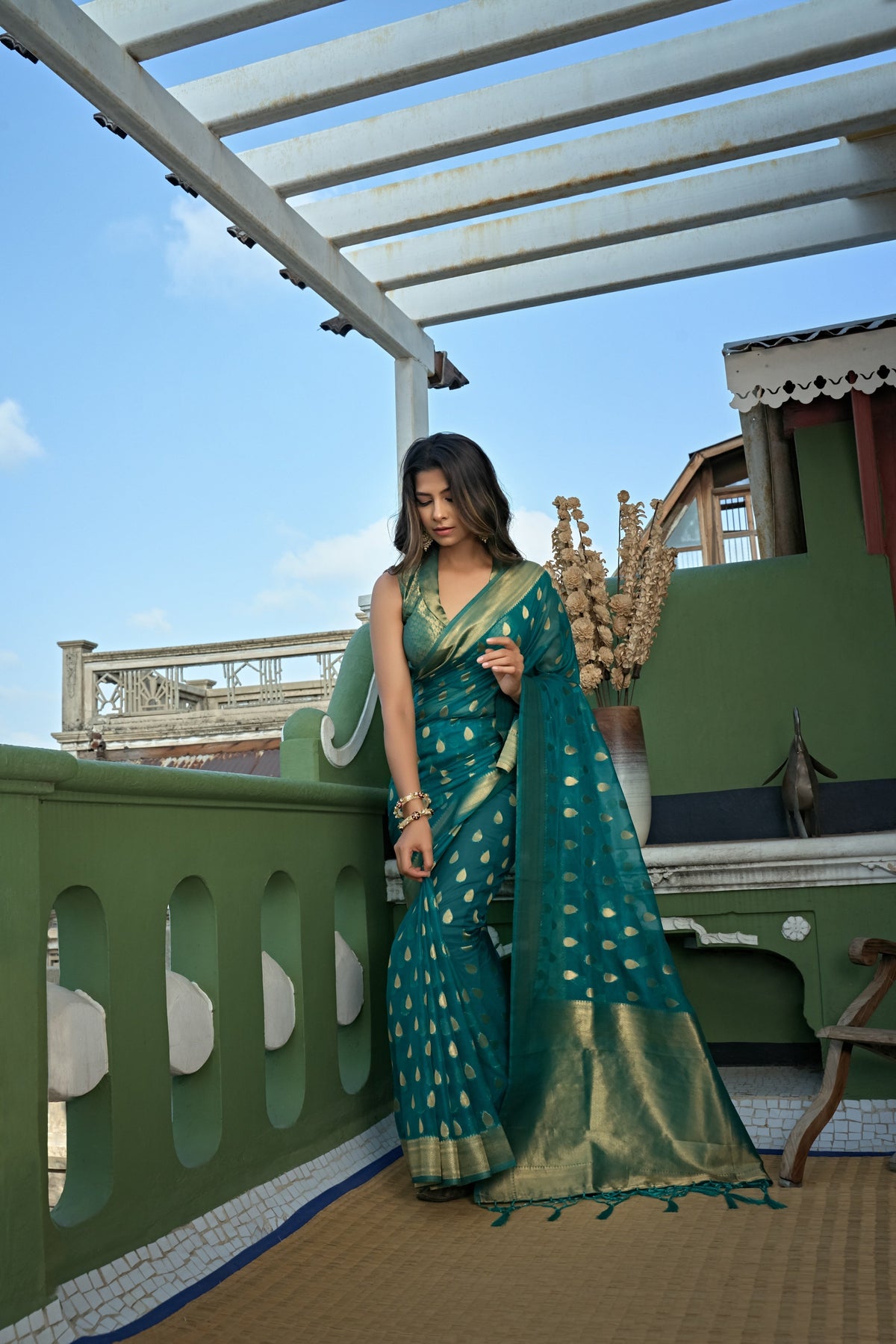 Vardha Teal Blue Golden Zari Banarasi Organza Saree | Grocsy