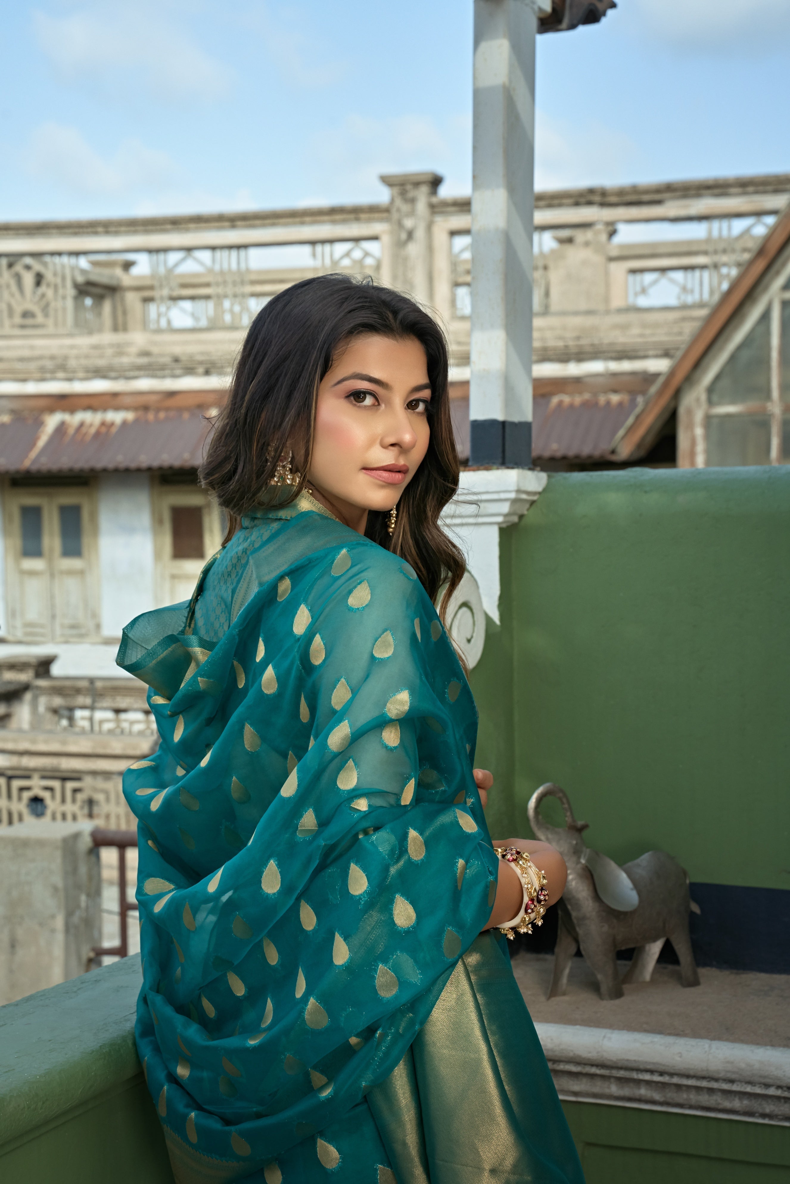 Vardha Teal Blue Golden Zari Banarasi Organza Saree | Grocsy