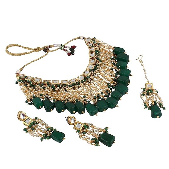 Tehzeeb Creations Back Meenakari Gold-Polished Green Color Square Shape Tika Earring Jewellery Set Uncut Kundan Big Faux Kundan Dibbi Kundan Choker Necklace Set | Grocsy