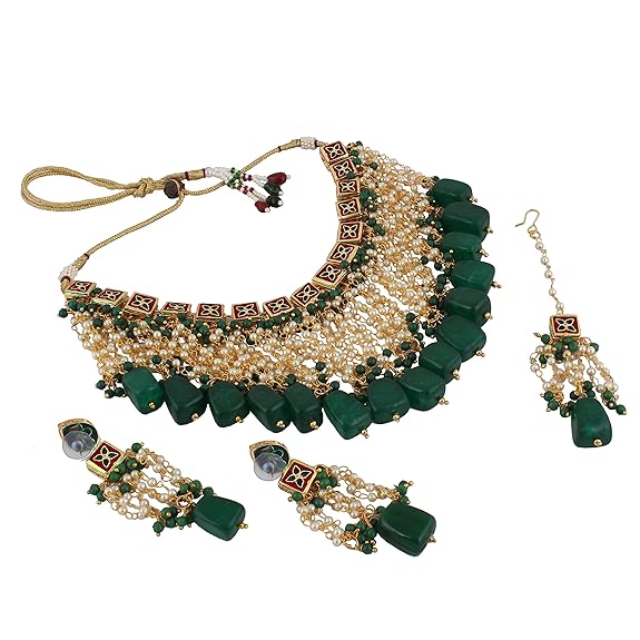 Tehzeeb Creations Back Meenakari Gold-Polished Green Color Square Shape Tika Earring Jewellery Set Uncut Kundan Big Faux Kundan Dibbi Kundan Choker Necklace Set | Grocsy