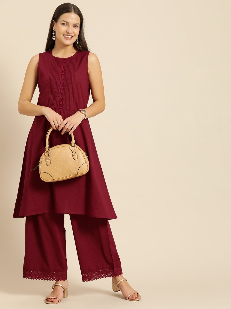 All About You Women Maroon Self Design Pure Cotton A-Line Kurta with Palazzos | Grocsy